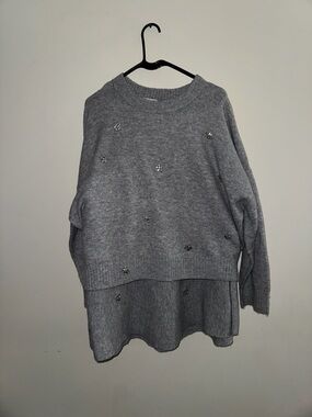 Embellished Gray Layered-Knit Women's Sweater